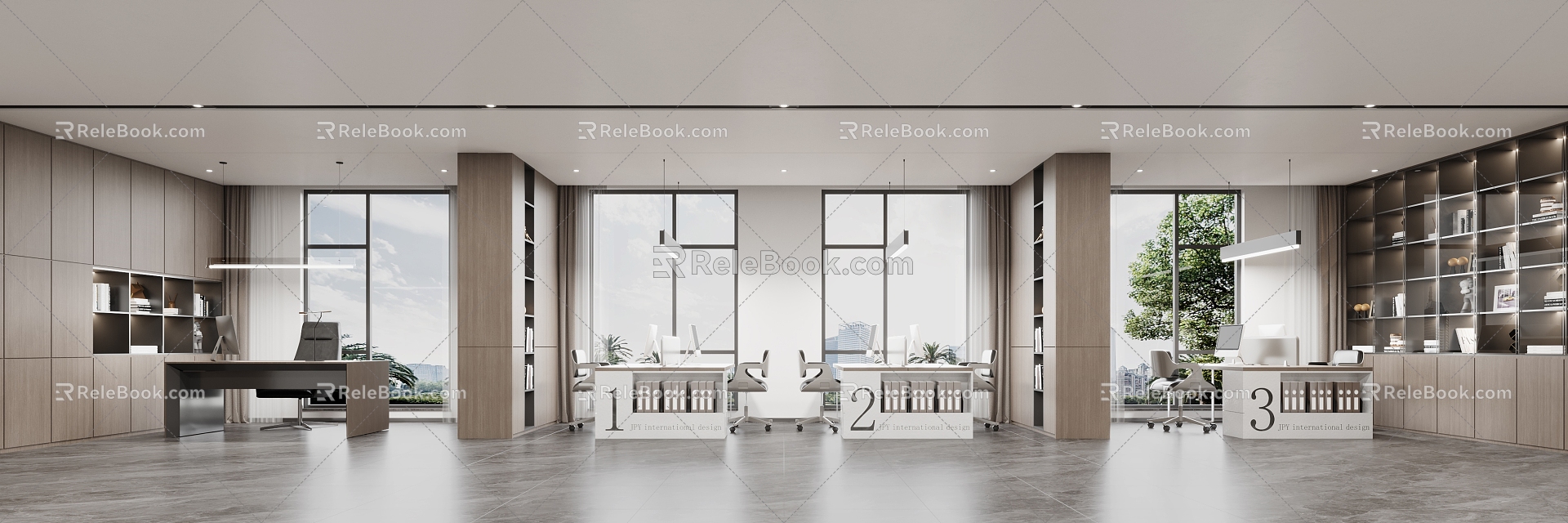 Modern Public Office Area Bookcase File Cabinet Office Desk and Chair 3d model