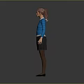 Child With Red Hair Standing In Blue Sweater White Shirt Black Skirt On Gray Background