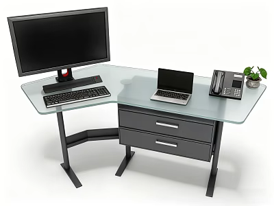 Modern L Shaped Office Desk With Glass Top Computer Monitor Laptop Phone And Small Plant 3d model
