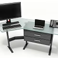 Modern L Shaped Office Desk With Glass Top Computer Monitor Laptop Phone And Small Plant