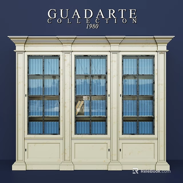 Vintage White Three Door Bookcase Filled With Blue Books From 1900 Classic Design 3d model 