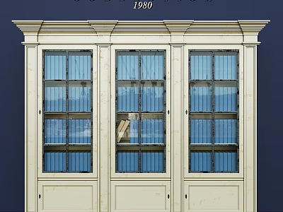Vintage White Three Door Bookcase Filled With Blue Books From 1900 Classic Design 3d model