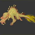 3D Green Mythical Lizard Creature With Yellow Spikes Red Accents And Leaf Shaped Tail