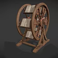 Wooden Wheel Shaped Bookcase With Gear Mechanism Holding Books On Rotating Frame And Stand Base