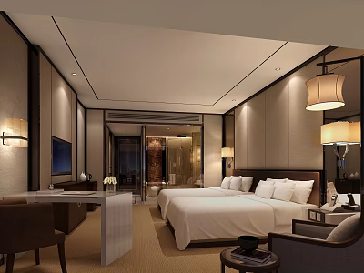 Modern Elegant Hotel Guest Room With Twin Beds Bedside Lamps TV Writing Desk And Armchair 3d model
