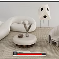 White Curved Sofa And Round Coffee Table Set With Armchair Decorative Items On Rug