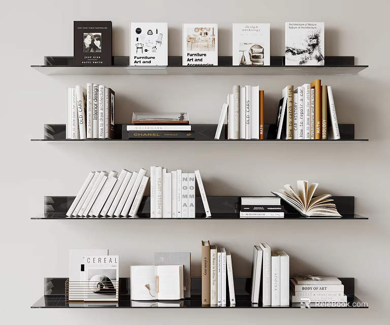 Stylish Bookshelf Display With Diverse Books Magazines Varied Sizes And Open Pages 3d model 