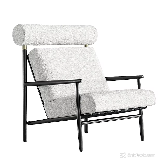 Comfortable Light Beige Upholstered Lounge Chair With Black Metal Frame And Armrest Design 3d model 