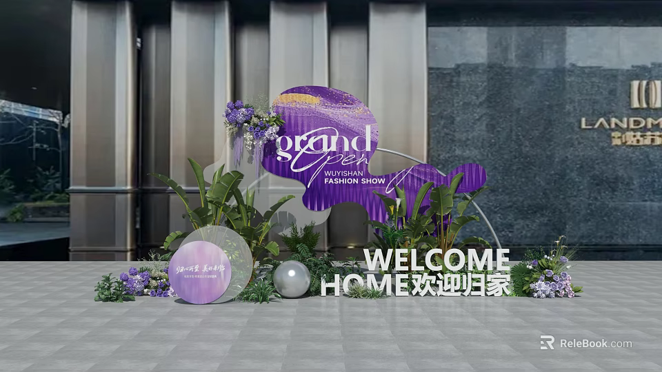 Elegant Grand Photo Spot With Purple Decor Green Plants And Welcome Home Sign 3d model 