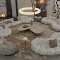 Elegant Modern Living Room Interior With Luxury Soft White Irregular Curved Fabric Sectional Sofas