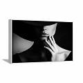 Black and White Woman Portrait Painting With Wide Brimmed Hat Lips and Hand on Blue Wall