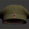 Khaki Corduroy Military Style Cap With Brown Leather Brim And Round Red Badge