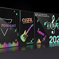 Neon Colored 2023 Cloud Games Music Event With Guitar Notes Sound Spectrum Tonight