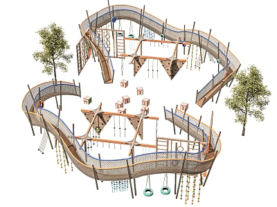 Outdoor Playground Equipment With Climbing Structures Swings Nets And Trees For Kids 3d model
