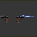 Futuristic Weapons With Orange Grips And Blue Flame Effect Displayed Side By Side 3d model