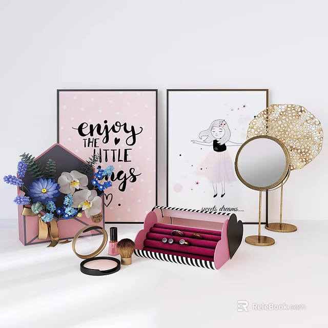 Decorative Ornament Set with Paintings Mirror Vase Flowers Jewelry Box and Cosmetics 3d model 