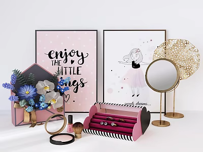 Decorative Ornament Set with Paintings Mirror Vase Flowers Jewelry Box and Cosmetics 3d model