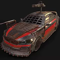 Armored Military Vehicle With Red Black Paint Mounted Machine Guns And Protective Grille