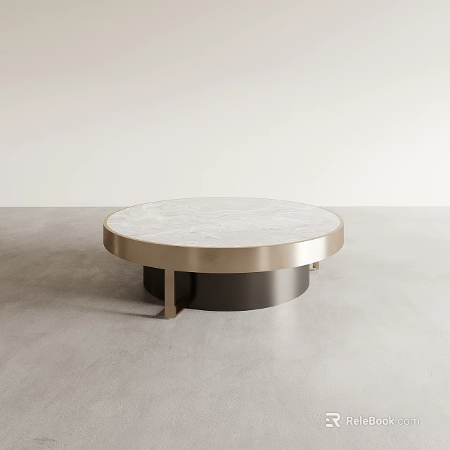 Round Coffee Table With Marble Top And Gold Frame Black Base Modern Design 3d model