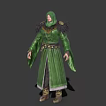 Game Movie Character In Hooded White Robe With Green Sash And Feather Accents