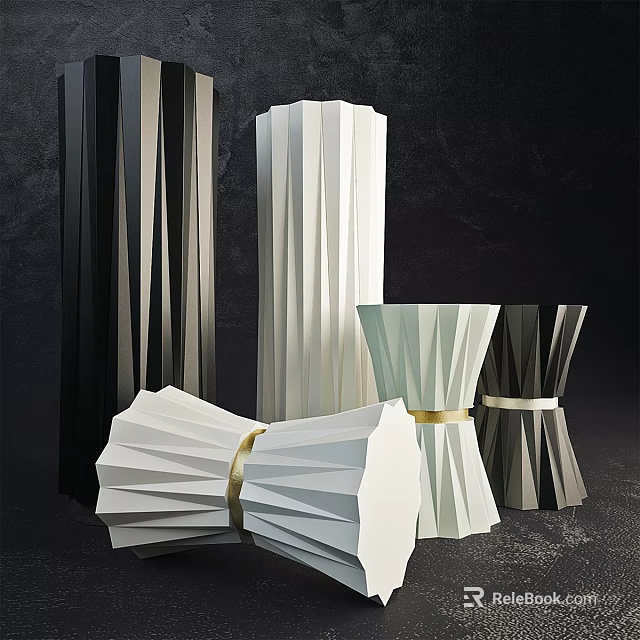 Modern Decorative Ornament Set With Pleated Columns Black White Gray Tones And Golden Bands 3d model 