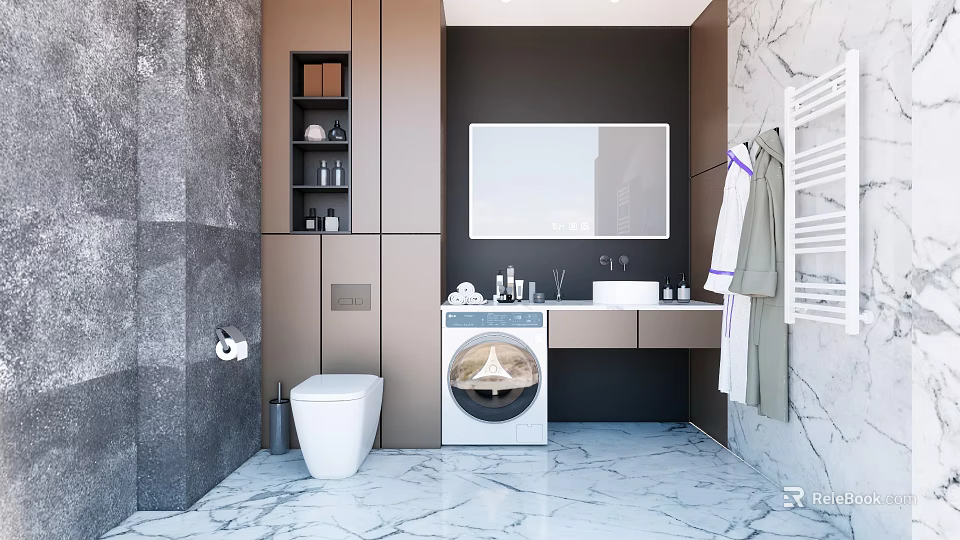 Modern Bathroom Interior Design With Toilet Washing Machine Sink Mirror And Marble Floor 3d model 