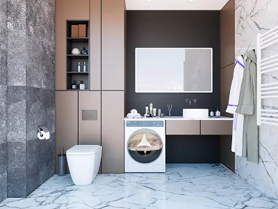 Modern Bathroom Interior Design With Toilet Washing Machine Sink Mirror And Marble Floor 3d model