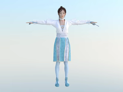 Woman wearing white coat and blue white striped dress with arms outstretched 3d model