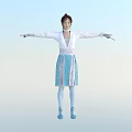 Woman wearing white coat and blue white striped dress with arms outstretched