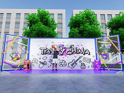 Outdoor Photo Check-in Spot with Graffiti TAY CHINA Text and Colorful Decorations by Buildings Trees 3d model