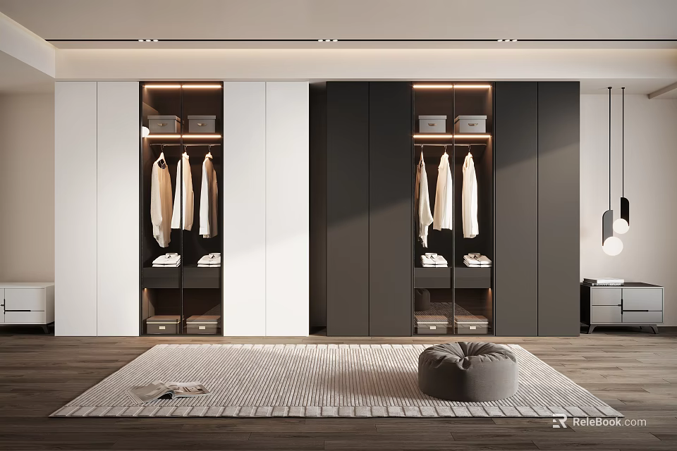 Modern Wardrobe Interior With White And Dark Cabinetry Hanging Clothes Shelves Wooden Floor And Rug 3d model 