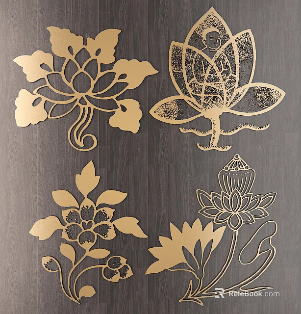 Elegant Gold Carved Lotus Floral Patterns On Dark Background Design 3d model