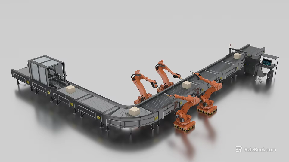 Industrial Automated Production Line With Robotic Arms And Conveyor Belt System 3d model 