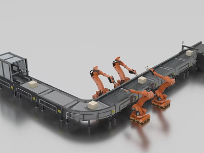Industrial Automated Production Line With Robotic Arms And Conveyor Belt System 3d model