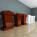 Six Brown And White Functional Podiums In Room With Wooden Floor And Gray Wall