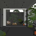 Modern Courtyard Garden Design with Glass Doors Outdoor Lounge Chairs Green Plants Rocks and Lanterns