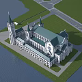 European Architecture With Green Roof Spires And Riverfront Green Lawn Plaza
