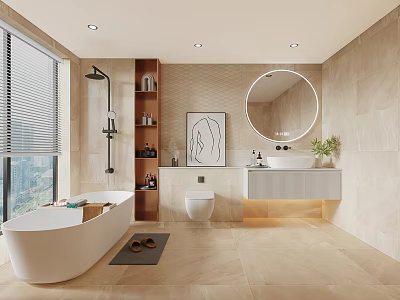 Modern Bathroom Interior Design With Bathtub Toilet Vanity And Round Mirror 3d model