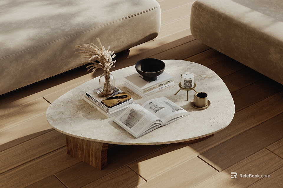 Marble Coffee Table With Open Book Dried Flowers Black Bowl And Mug On Wooden Floor 3d model 