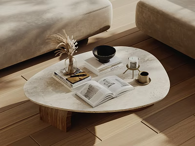 Marble Coffee Table With Open Book Dried Flowers Black Bowl And Mug On Wooden Floor 3d model