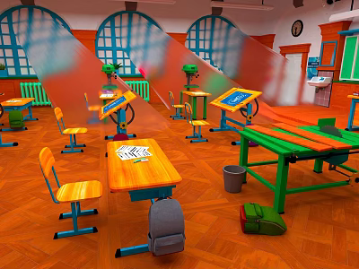 Vibrant Classroom Interior With Wooden Tables Yellow Chairs Green Lockers And Arched Windows 3d model