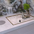 Zen Garden Feature Design With Raked Sand Driftwood Potted Tree And Waterfall Backdrop