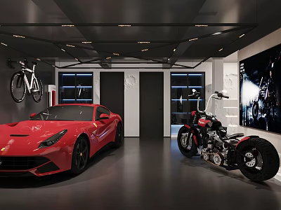 Luxurious Basement Garage With Red Sports Car Motorcycle And Wall Mounted Bike 3d model
