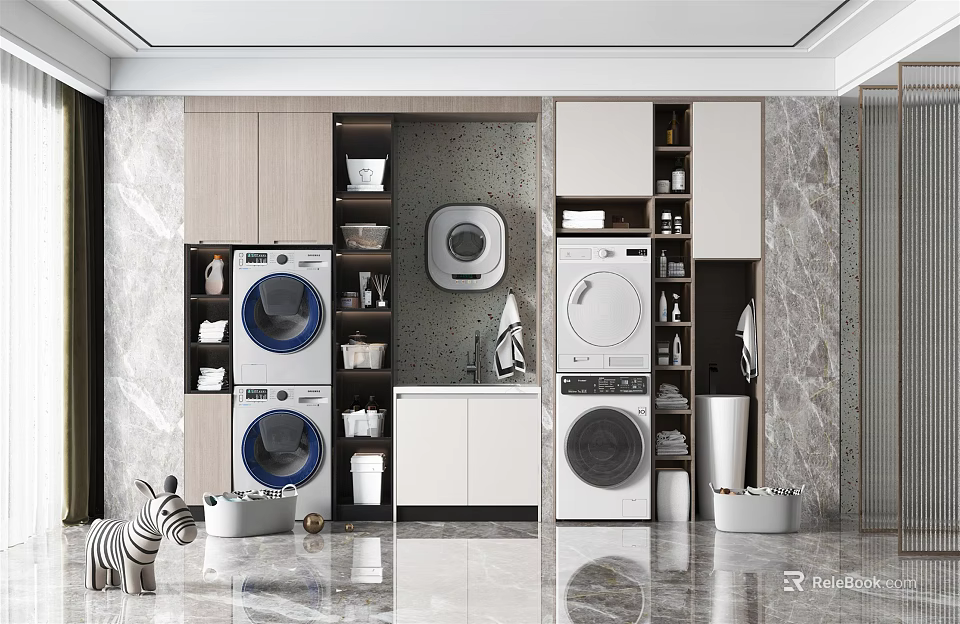 Practical Home Balcony Interior Design With Washing Machines Dryers And Storage Cabinets 3d model 