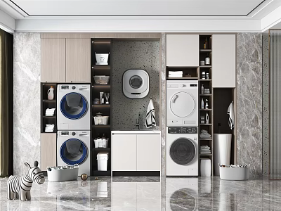 Practical Home Balcony Interior Design With Washing Machines Dryers And Storage Cabinets 3d model
