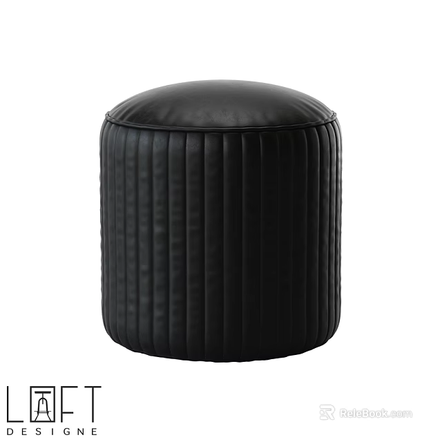 Black Leather Round Sofa Stool With Vertical Quilted Stitching Design 3d model 