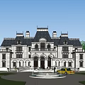 Luxury Detached Villa European Architecture with Towers Balconies Lush Trees and Lawn
