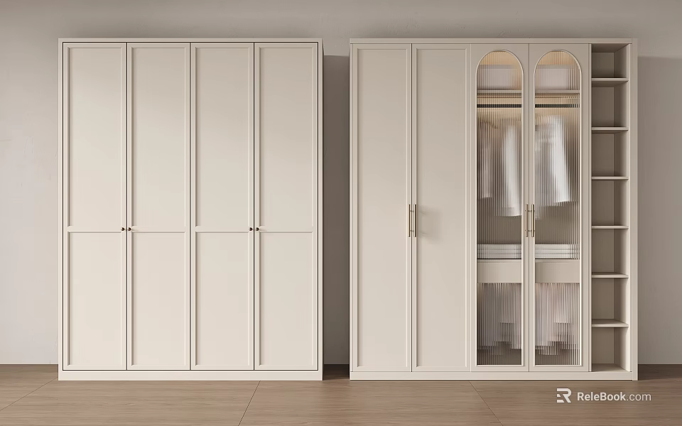 Modern White Wardrobe With Double Doors Glass Panels And Open Shelves 3d model 