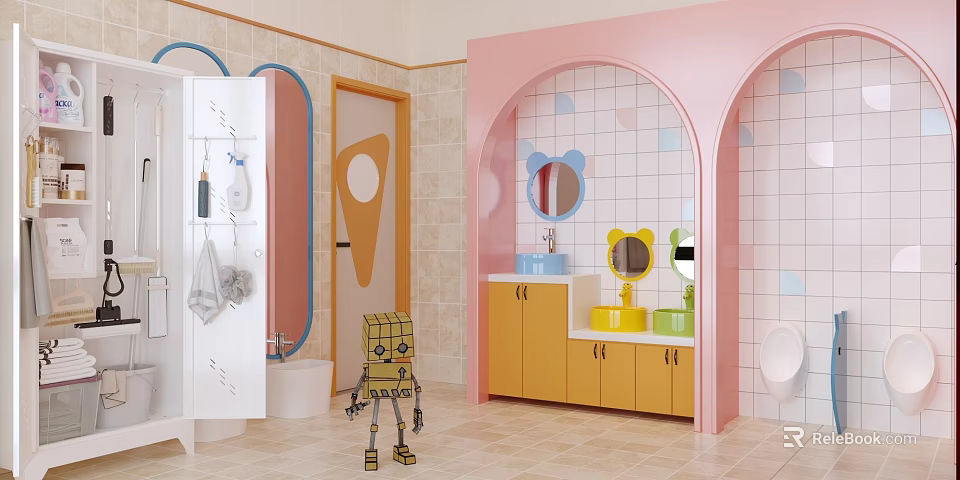 Cheerful Kids Friendly Public Toilet Interior Design With Cute Cartoon Mirrors And Colorful Wash Sinks 3d model 