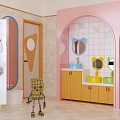 Cheerful Kids Friendly Public Toilet Interior Design With Cute Cartoon Mirrors And Colorful Wash Sinks